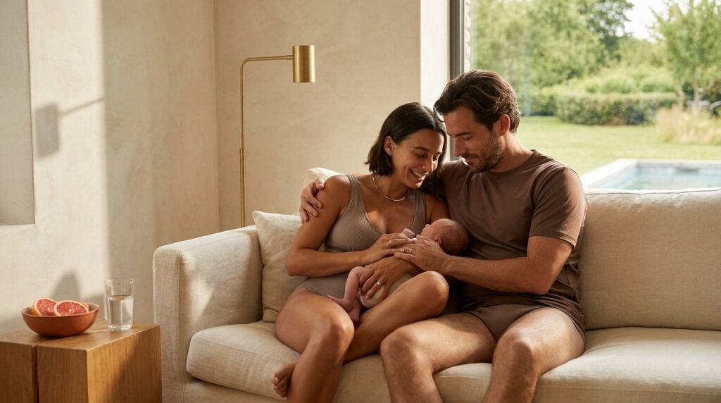 Cocon familial : le co-parent soutient la jeune mère et leur nouveau-né en post-partum