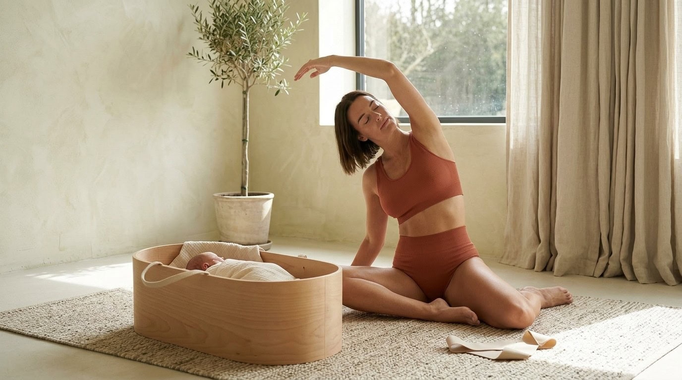 Mouvement doux et respiration en post-partum pour apaiser le baby blues, bébé tout près