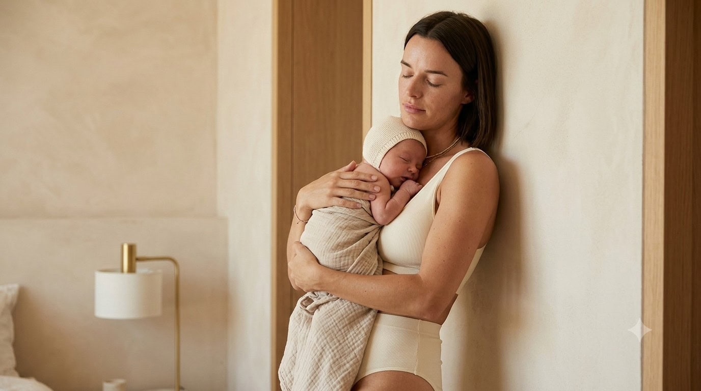 Jeune maman en peau à peau avec son nouveau-né pendant le baby blues — holi-mama
