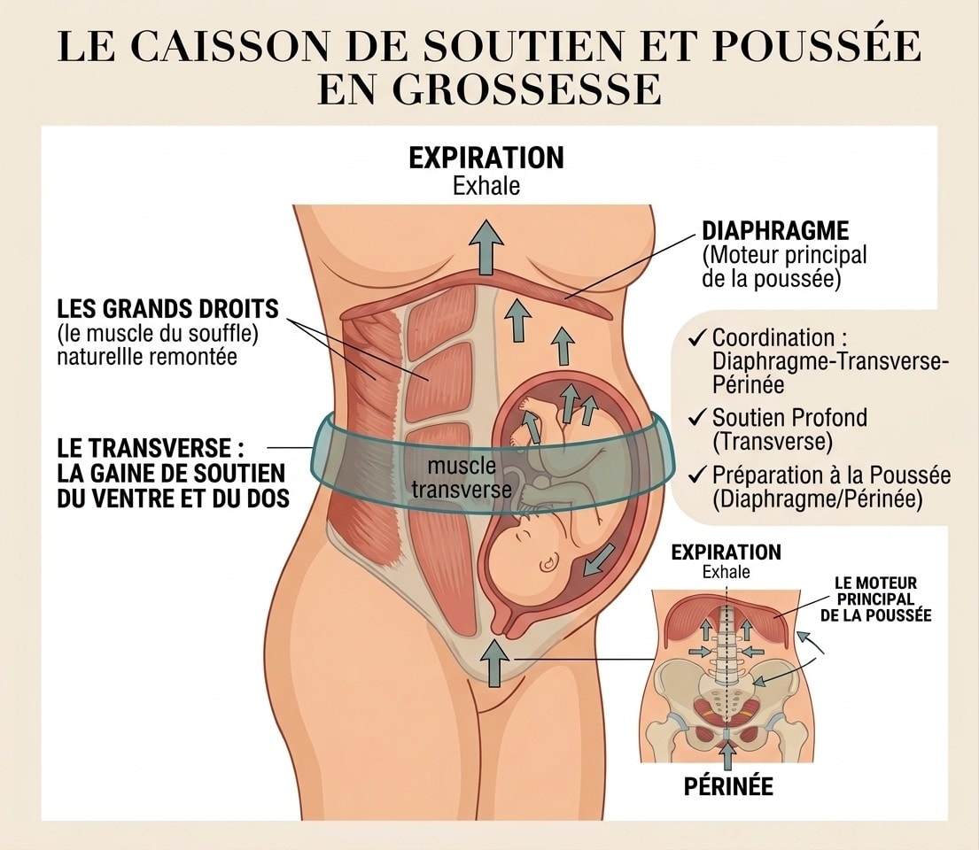 Schéma du caisson abdominal en grossesse : transverse, diaphragme et périnée qui soutiennent le ventre et préparent la poussée — holi-mama