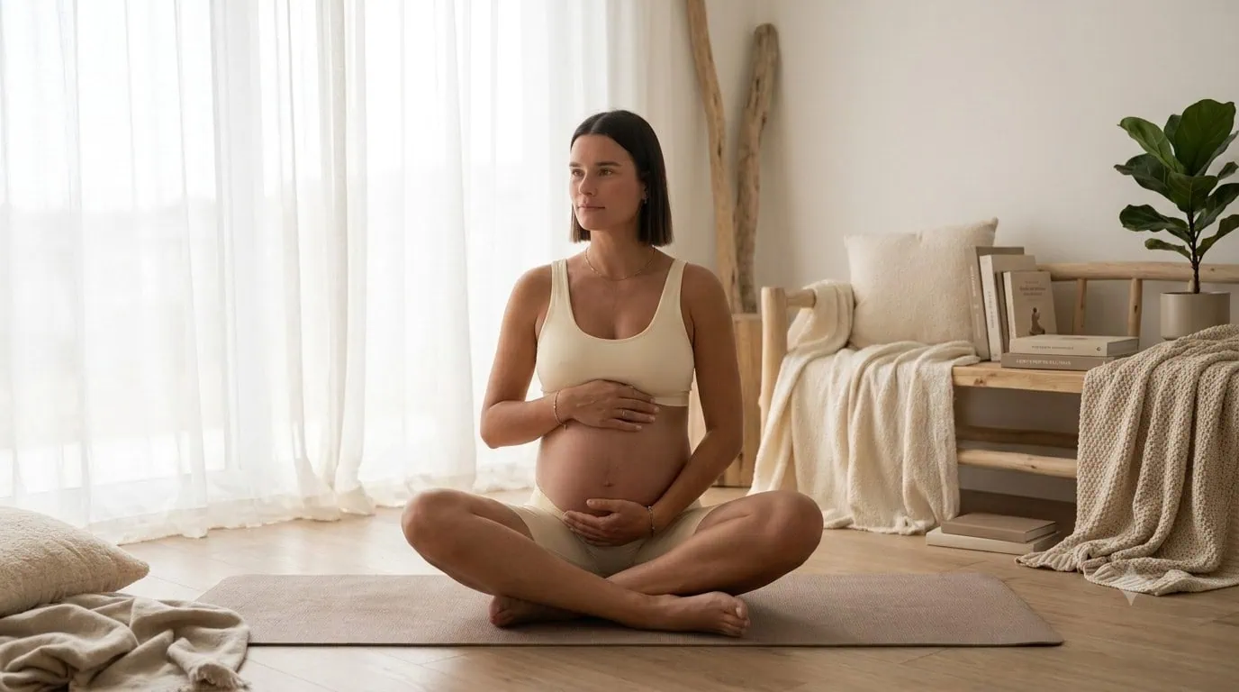 Femme enceinte assise en tailleur, mains sur le ventre, respiration et travail du centre — holi-mama