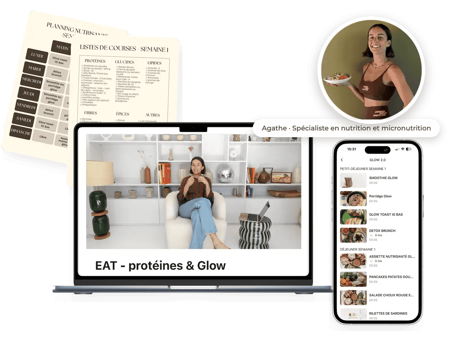 Programme Glow pilier EAT : masterclass nutrition avec Agathe Verhack, recettes, planning et listes de courses