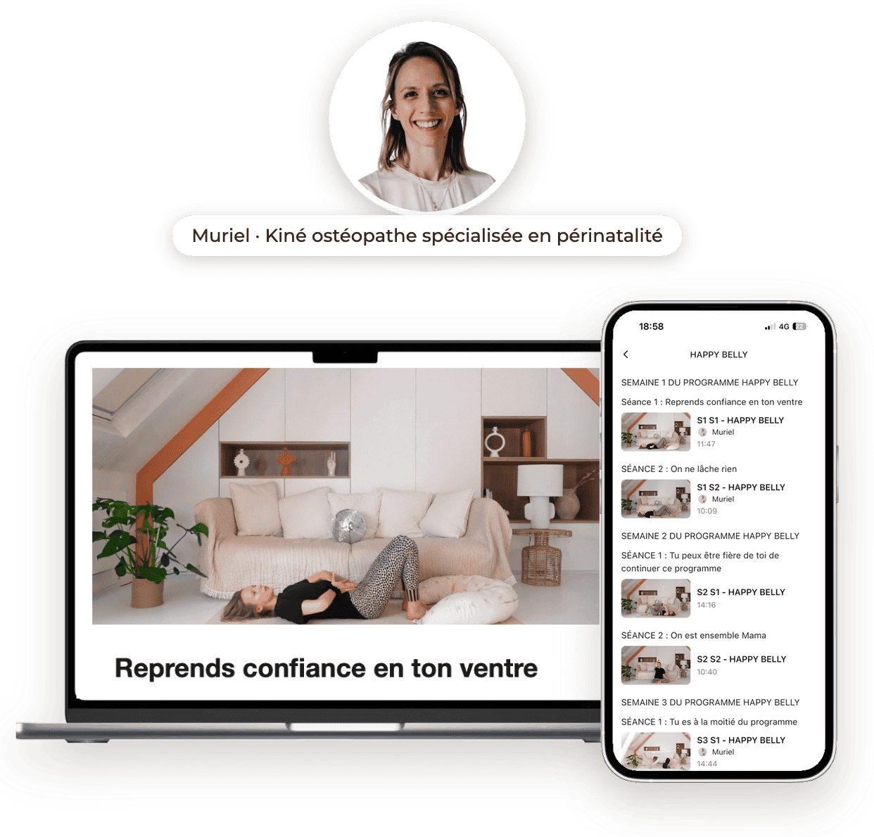 Programme Happy Belly : séances vidéo guidées par Muriel, kiné ostéopathe spécialisée en périnatalité