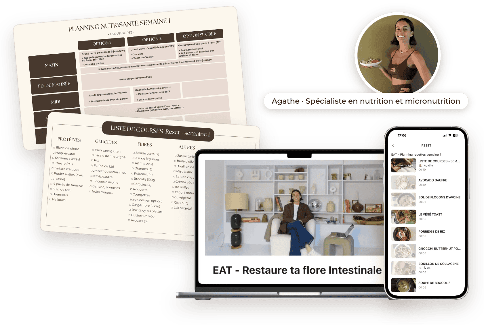 Programme Reset, pilier EAT : planning nutrition, liste de courses, vidéo d’Agathe et recettes dans l’app